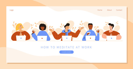 Set of Business people Meditating, Practicing Yoga Meditation at Workplace Sitting in front of laptop. Landing page with Office workers or freelancers relax and meditate. Positive, Mind Tranquility