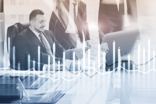 Bar graph on the background of a business center with a manager at the window