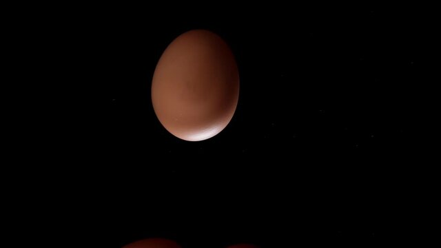 Egg is spinning on a black background. Slow motion of an egg in a shell spinning on glass. Close shot of a spinning egg.