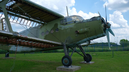 Open-air exhibition of old military transport aircraft. Military aircrafts concept.