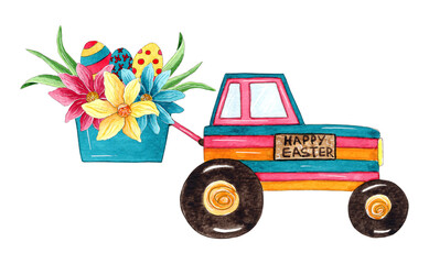 Watercolor Easter tractor illustration. Floral tractor composition with Easter eggs, isolated on white background.