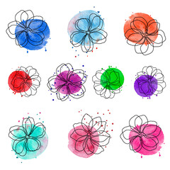 Abstract line art flowers with watercolor spot. Floral illustrations.