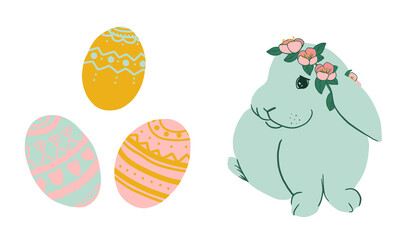 Cute Easter bunny. Holiday rabbit with flower on head. Spring vector illustration for greeting card, posters, sticker, sublimatiom printing on t shirt, mug, dish towel and more