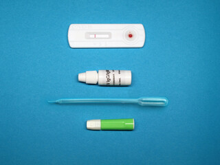 Test result using a rapid test device for new coronavirus. Covid-19 rapid antibody test kit on a blue background. 