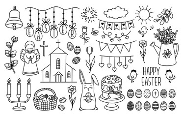 Hand drawn outline vector Easter set. Religious Holiday Symbols. Church, Angel, Willow, Bell, Eggs Basket, Candles. Contour drawing elements collection for infographic, design card, coloring book page