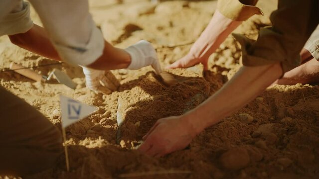 Archaeological Digging Site: Two Great Archeologists Work on Excavation Site, Carefully Cleaning, Lifting Newly Discovered Ancient Civilization Cultural Artifact, Historic Clay Tablet. Focus on Hands