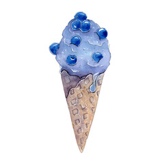 Hand painted watercolor blueberry ice-cream isolated on white background.