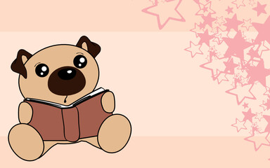 cute baby pug dog cartoon holding book background