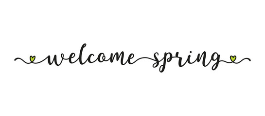 Hand sketched WELCOME SPRING quote as ad, web banner.  Lettering for poster, label, sticker, flyer, header, card, advertisement, announcement.