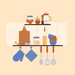 Kitchen interior with utensils on shelves, plant, kitchenware, jar, coffee pot, hangers. Vector illustration in flat retro style