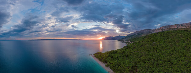 Panoramic colorful sunset on the coast in Croatia, split-Dalmatia region