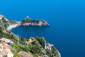 Rocky shore in world famous Amalfi coast. Unesco World heritage site.