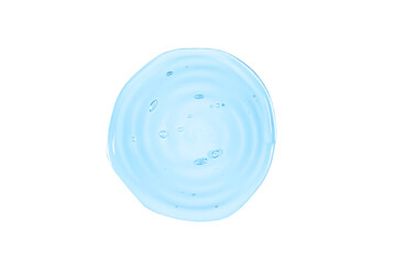 Clear transparent round spiral blue liquid gel drop or smear isolated on white background. Top view. Virus protection or cosmetics concept. Serum texture
