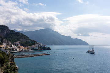 Rocky shore in world famous Amalfi coast. Unesco World heritage site. Campania, Italy.