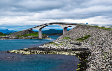 Storseisundet Bridge (Storseisundbrua) is the  most famous and longest of the eight bridges that make up Atlantic Ocean Road. Norway.