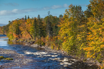 Canada, Nova Scotia, Margaree Centre. View of the Northeast Margaree River in autumn.
