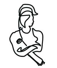 One line drawing of female engineer or architect with  helmet, standing and hugging chest with project drafts while
One continuous line drawing of engineer holding project papers.