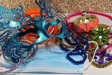 Carnival Jewelry And Mask With Medical Facemask On White