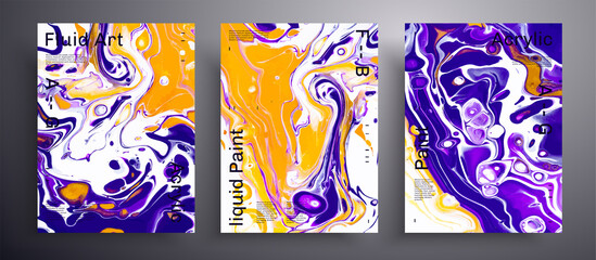 Abstract liquid banner, fluid art vector texture set. Trendy background that can be used for design cover, poster, brochure and etc. Navy blue, white and orange universal trendy painting backdrop