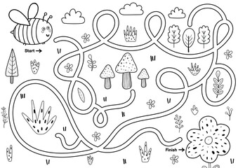 Black and white maze game for kids. Help the cute bee find the way to the flower. Printable labyrinth activity for children. Vector illustration