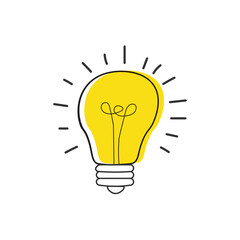 Hand drawn Vector light bulb icon with concept of idea. brainstorm and teamwork. Great idea eureka icon concept. Doodle hand drawn sign. Stock Vector illustration isolated on white background.