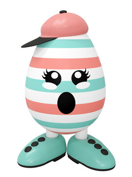 Lustige Osterei Figur mit pastefarbigen rosa und grünen Streifen, Kappe und überraschtem Gesicht. 3d rendering