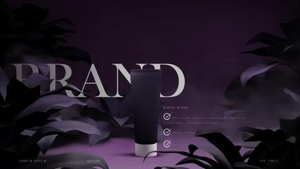 Luxury cosmetic bottle mockup ads, branding, showcase, presentation template with dark elegant tropical leaves foliage scene vector illustration