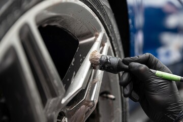 Car detailing studio worker cleaning car wheel with brush