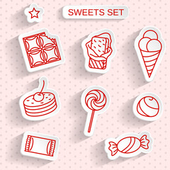 Sweets. Paper Sticker Set on Seamless Retro Background.