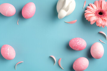 Modern pink easter eggs, spring flower, Easter bunny rabbit on turquoise background. Flat lay, top...