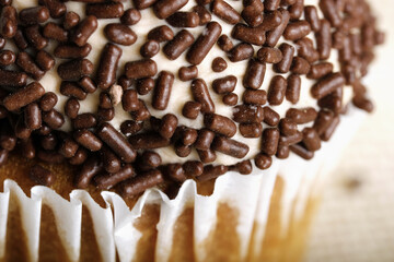 Chocolate sprinkles close upon cupcake.