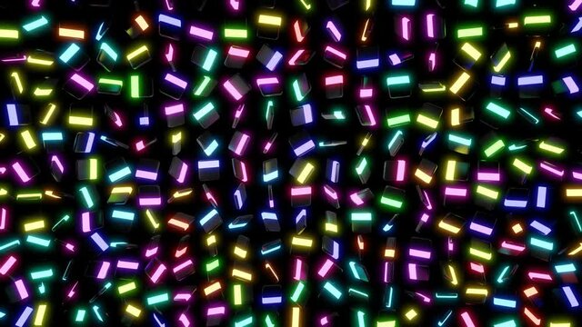 Beautiful motion design background with simple geometric shapes and neon light. 4k looped geometric background with neon light, multi color blocks like light bulbs with multicolor light. VJ loop