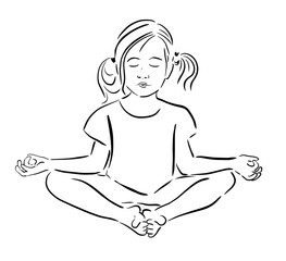Cute little happy girl doing zen position on yoga mat isolated on white background. Line drawing. Vector illustration