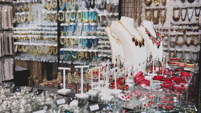 View of empty interior of jewelry shop with assorted bijouterie. High quality 4k footage