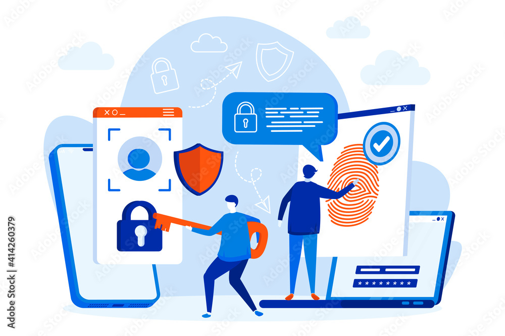 Fototapete Biometric access control web design with people characters. Biometrics identification and verification. Fingerprint scanning technology. Vector illustration for social media promotional materials.