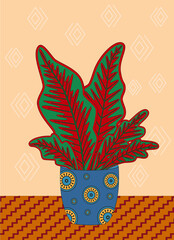 Home plant croton on pastel background with abstract shapes. Hand drawn design vector illustration. © Nina Tysovska