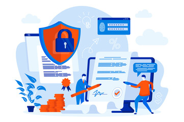 Electronic contract web concept design with people characters. Business partners sign contract online. E-contracts composition in flat style. Vector illustration for social media promotional materials