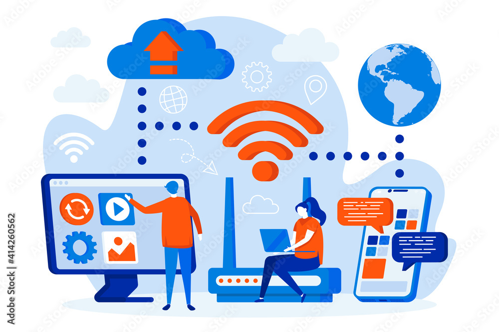 Poster Wireless technology web design with people characters. People use WiFi cinnection scene. Network communication composition in flat style. Vector illustration for social media promotional materials.