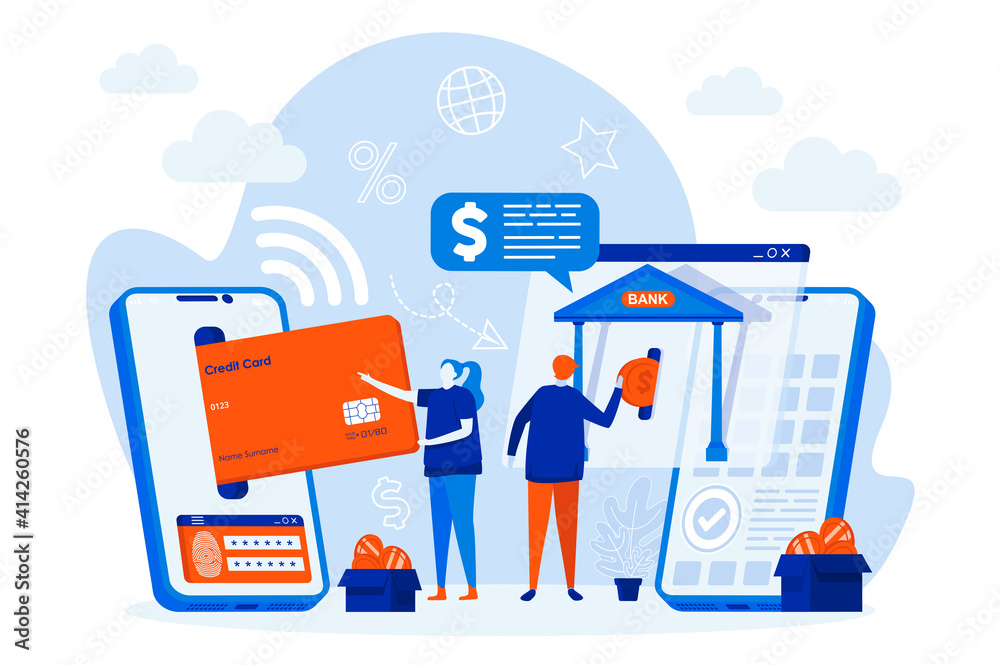 Wall mural Mobile banking web design concept with people characters. People use mobile payment app scene. Smart finance composition in flat style. Vector illustration for social media promotional materials.