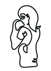 One line drawing of mother and baby.
One continuous line drawing of mom hHold newborn kid on hands.