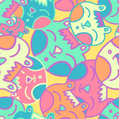Seamless vector pattern design of lined cute ornamental abstract cats in bright pastel colors. The design is perfect for textiles, backgrounds, decorations, wallpaper, wrapping paper, banner