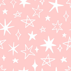 Obraz premium Vector seamless pattern with cute stars and sparkles. Hand drawn, doodle style. Design for fabric, wrapping, stationery, wallpaper, textile.