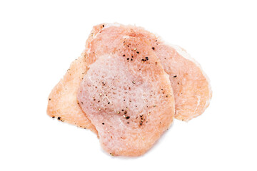 raw chopped pork meat with spice isolated on white background. above view. fresh meat slice cut out