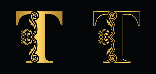 letter T. Golden flower alphabet. Beautiful capital letters.	
