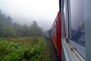 Train travel with fog