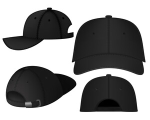 Uniform cap or hat. Mockup and blank template of baseball uniform cap with front, back and right side view. Isolated vector illustrations set. Design template. Vector illustration.