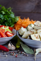 Chopped vegetables (bell peppers, carrots, eggplants) for canning. Autumn preparations.
