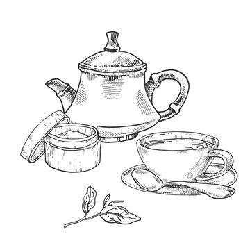 Hand drawn vector illustration of matcha, green tea cups and tea pot. Isolated ceremony images for design, packaging, menu