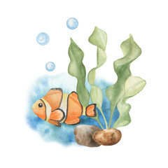 Marine Composition Fish Seaweed Ocean Summer Postcard Watercolor Illustration