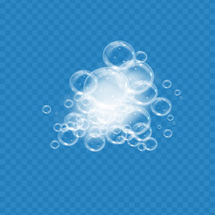 Bath foam with soap bubbles isolated on transparent background. Realistic soap sud texture. Vector illustration of shampoo, gel or facial mousse lather top view